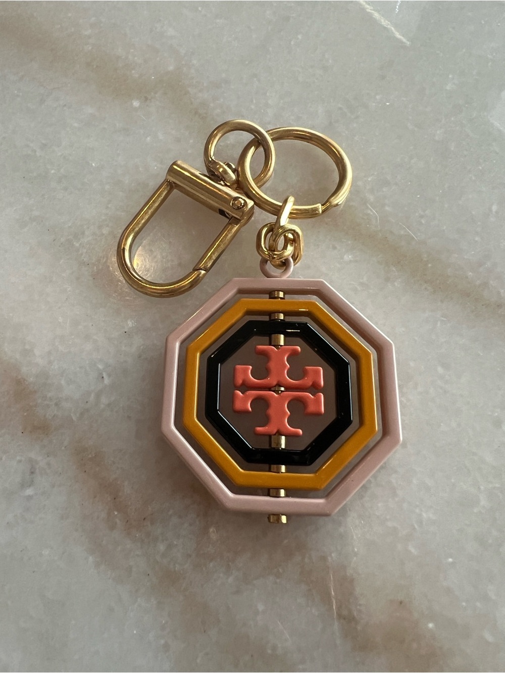Tory Burch Colorblock Resin Logo Keychain Bag Charm Pink Yellow Gold